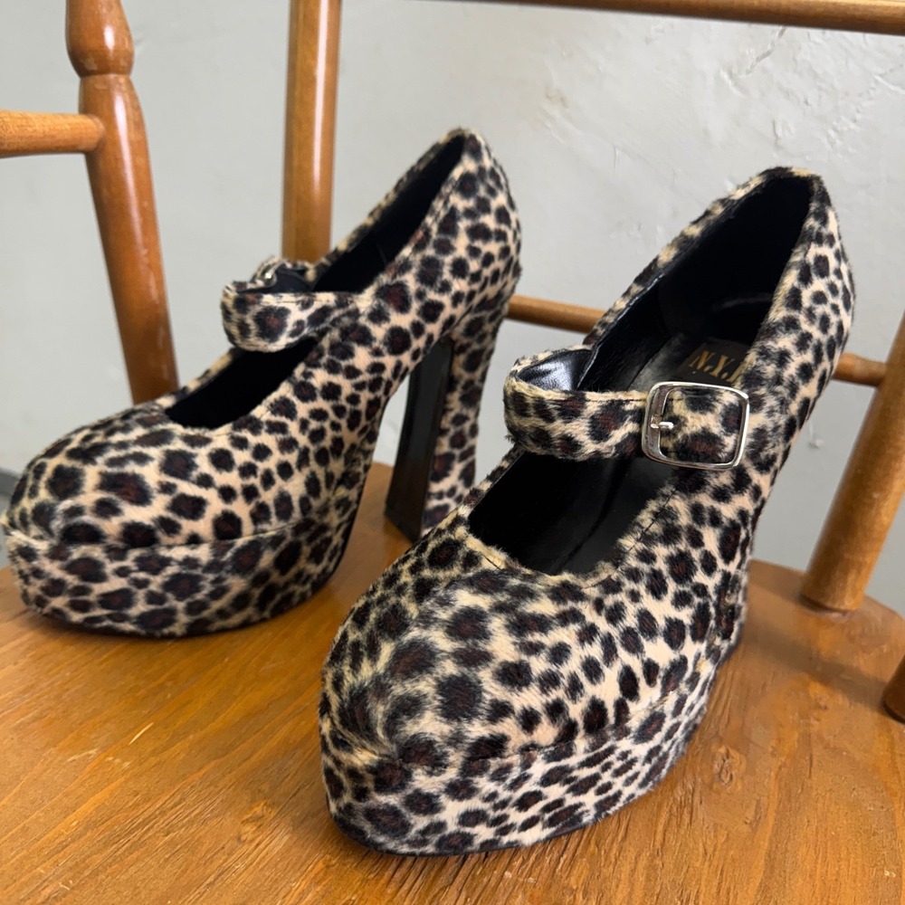 NYLA Leopard Print Mary Jane Platform Heels Faux Fur Chunky Block Shoe Sz7 fuzzy